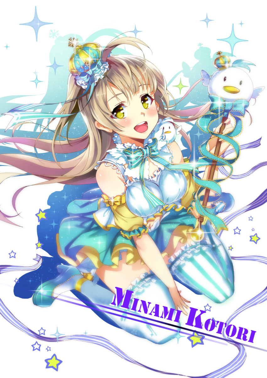 1girl :d blush bow breasts brown_hair character_name crown highres hoony long_hair looking_at_viewer love_live!_school_idol_project minami_kotori mini_crown mismatched_legwear open_mouth sitting smile solo sparkle staff star striped striped_legwear thigh-highs vertical-striped_legwear vertical_stripes wariza yellow_eyes
