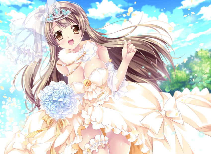 1girl bare_shoulders blush bouquet bow breasts bridal_veil bride brown_eyes brown_hair cleavage crown detached_sleeves dress earrings flower hair_bow jewelry large_breasts long_hair looking_at_viewer love_live!_school_idol_project minami_kotori open_mouth sakurano_tsuyu side_ponytail smile solo thigh_strap veil wedding_dress