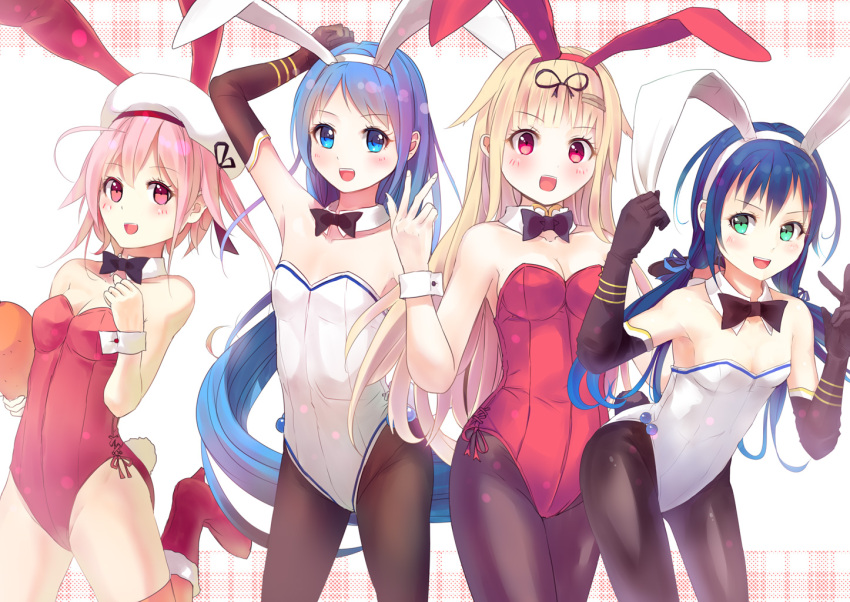 animal_ears blonde_hair blue_eyes blue_hair boots bowtie bunny_tail bunnysuit culter detached_collar elbow_gloves gloves green_eyes harusame_(kantai_collection) hat kantai_collection long_hair pantyhose pink_hair rabbit_ears red_eyes samidare_(kantai_collection) short_hair suzukaze_(kantai_collection) tail thigh-highs yuudachi_(kantai_collection)
