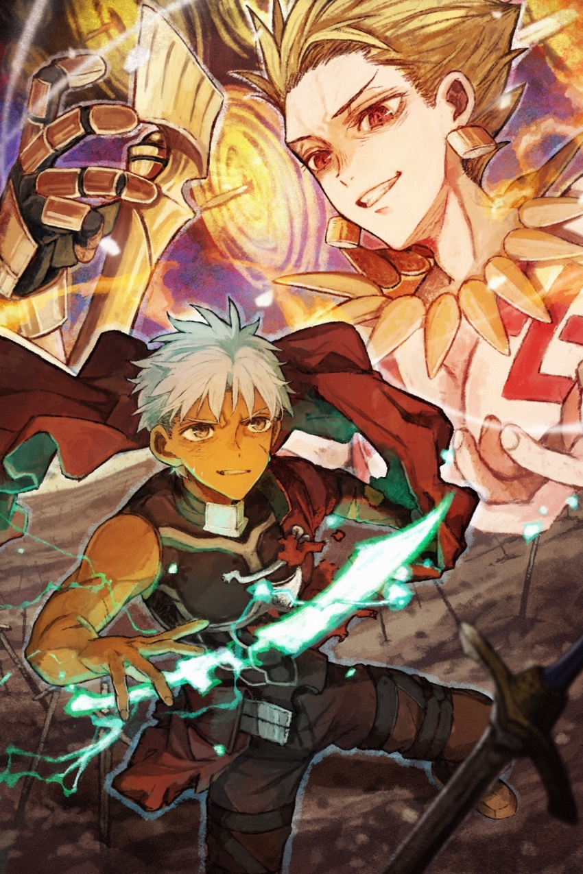 2boys archer_(fate) battle battle_damage blonde_hair coat dark-skinned_male dark_skin ea_(fate) fate/grand_order fate_(series) field_of_blades fighting_stance gate_of_babylon_(fate) gilgamesh_(fate) highres kanshou_&_bakuya_(fate) magic magic_circuit male_focus multiple_boys natori_re planted planted_sword red_coat sword too_many_weapons torn_clothes unlimited_blade_works_(reality_marble) weapon white_hair