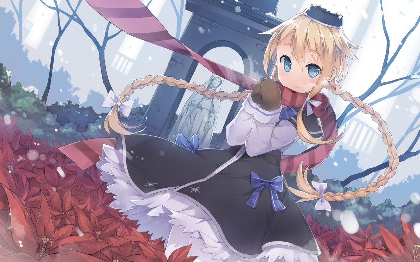 1girl blonde_hair blue_eyes bow braid copyright_request dutch_angle field flower flower_field fred04142 hair_bow hair_ribbon hat highres long_hair looking_at_viewer mittens ribbon scarf smile snowing solo steam tagme twin_braids twintails wind
