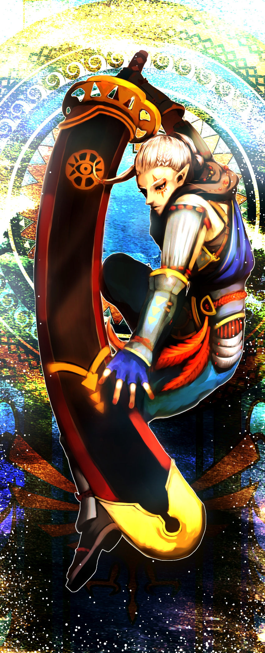 1girl absurdres armor bracer dark_skin facial_tattoo fingerless_gloves gloves greaves highres huge_weapon impa matcho pointy_ears red_eyes scabbard sheath sheathed shoulder_pads silver_hair solo sword tattoo the_legend_of_zelda weapon zelda_musou