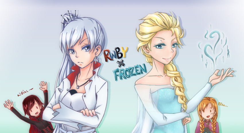 4girls ang_quan anna_(frozen) aqua_dress bare_shoulders blonde_hair blue_eyes braid cape character_name copyright_name corset crossover dress earrings elsa_(frozen) english frozen_(disney) high_collar jewelry long_hair multiple_girls necklace pendant ponytail redhead ruby_rose rwby scar short_hair siblings side_ponytail single_braid sisters smile tiara twin_braids weiss_schnee white_hair
