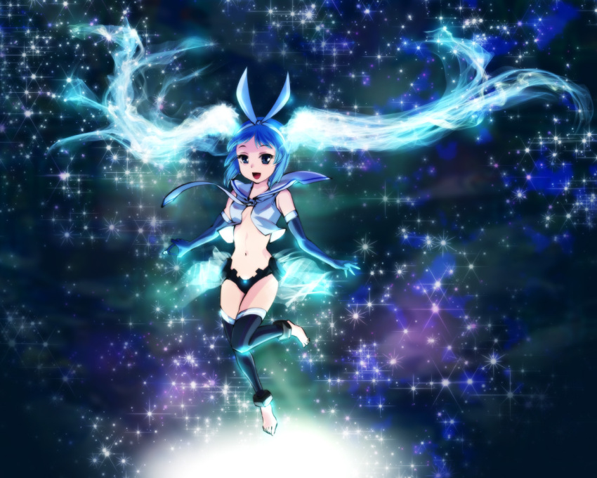 1girl :d alternate_costume alternate_hairstyle aqua_hair bare_shoulders barefoot black_gloves black_legwear blue_eyes blue_hair bridal_gauntlets elbow_gloves floating gloves hair_ornament hatsune_miku legs long_hair looking_away midriff miku_append navel necktie open_mouth ribbon shirt sky smile solo space space_craft star_(sky) starry_sky thigh-highs toeless_legwear twintails ueyama_michirou very_long_hair vocaloid vocaloid_append white_shirt
