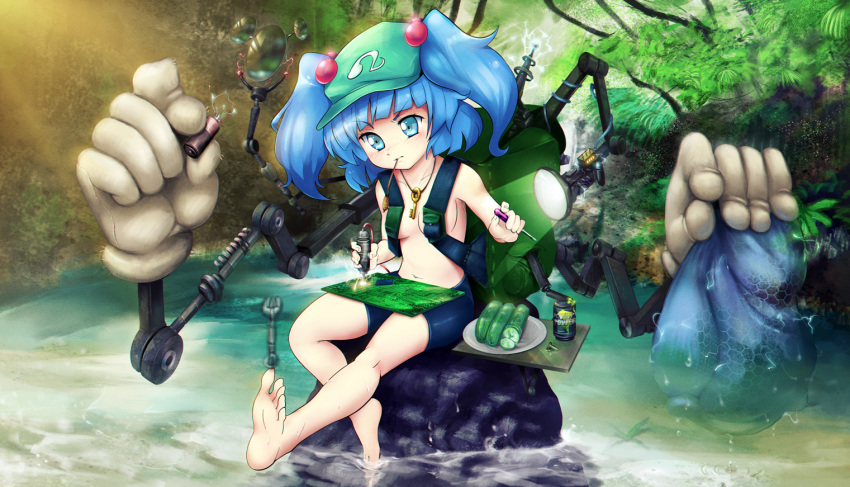 1girl aqua_eyes backpack bag bare_shoulders barefoot battery blue_eyes blue_hair blush branch breasts can cattail clothes_removed collarbone cucumber draw-till-death extra_arms flashlight food forest fruit gloves hair_bobbles hair_ornament jewelry kawashiro_nitori key key_necklace lake leaf mechanic mechanical mechanical_arms midriff mirror motherboard mouth_hold nature navel plant plate pond rock screw screwdriver serious shirt_removed short_hair short_shorts shorts sitting sitting_on_rock soda soles solo touhou tree tree_branch tsurime twintails vegetable water white_gloves wrench
