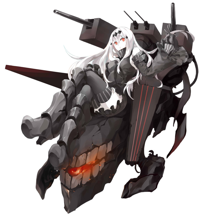1girl aircraft_carrier_water_oni armored_boots bare_shoulders black_dress black_gloves crossed_legs detached_sleeves dress frilled_dress frilled_sleeves frills gloves hair_ornament highres kantai_collection long_hair machinery neckerchief pale_skin red_eyes ribbed_dress roong sailor_dress shinkaisei-kan simple_background very_long_hair white_background white_hair white_skin