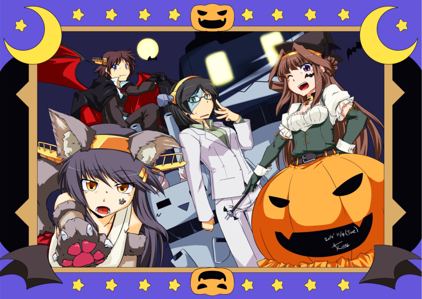 4girls ;d adapted_costume alternate_costume animal_ears bat_wings black_hair blue_eyes brown_hair detached_sleeves double_bun fake_animal_ears glasses green_eyes hair_ornament hairband hairclip halloween haruna_(kantai_collection) hat hiei_(kantai_collection) highres kantai_collection kemonomimi_mode kirishima_(kantai_collection) kongou_(kantai_collection) long_hair multiple_girls nontraditional_miko notice_(kou) one_eye_closed open_mouth rensouhou-chan short_hair smile tail vampire_costume violet_eyes wings witch_hat wolf_ears wolf_paws wolf_tail yellow_eyes