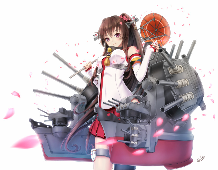 1girl brown_eyes brown_hair detached_sleeves gotou_hisashi headgear highres holding kantai_collection long_hair looking_at_viewer machinery petals pleated_skirt ponytail simple_background skirt smile solo turret umbrella white_background wind yamato_(kantai_collection)
