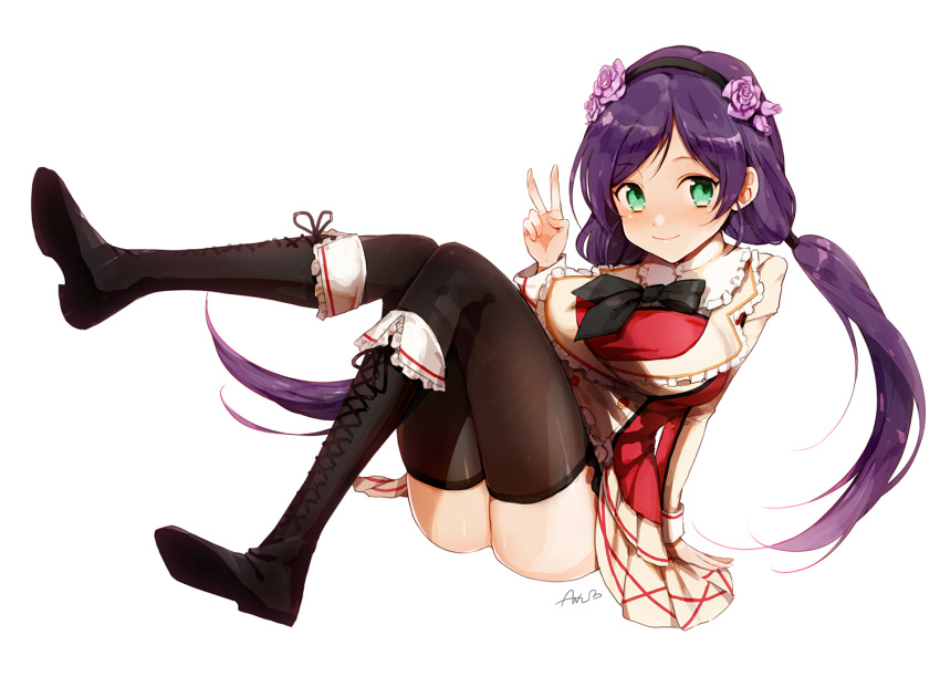 1girl anz_(starry) blush boots breasts green_eyes long_hair looking_at_viewer love_live!_school_idol_project purple_hair skirt smile solo sore_wa_bokutachi_no_kiseki toujou_nozomi twintails v