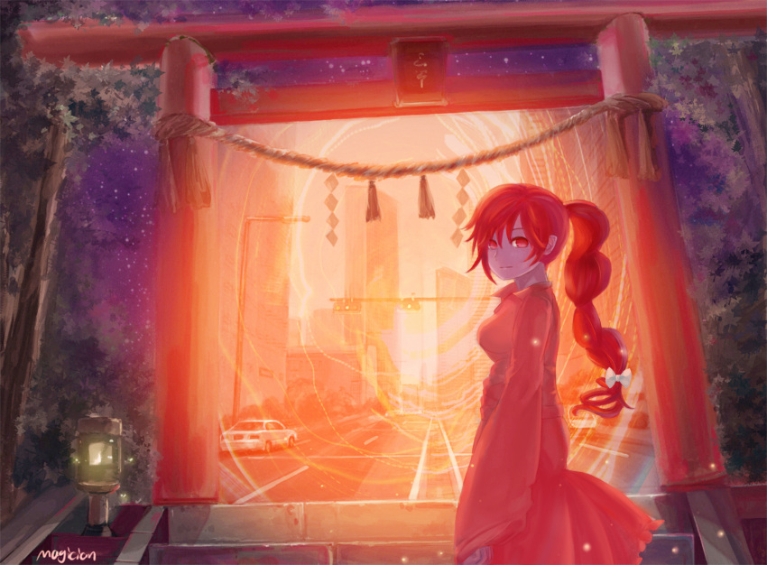 1girl absurdres artist_name braid building car city cityscape glowing highres lantern looking_at_viewer magician_(china) motor_vehicle okazaki_yumemi ponytail realistic red_eyes redhead revision road rope scenery shimenawa sky skyscraper solo stairs star_(sky) starry_sky stone_lantern street torii touhou touhou_(pc-98) traffic_light tree vehicle