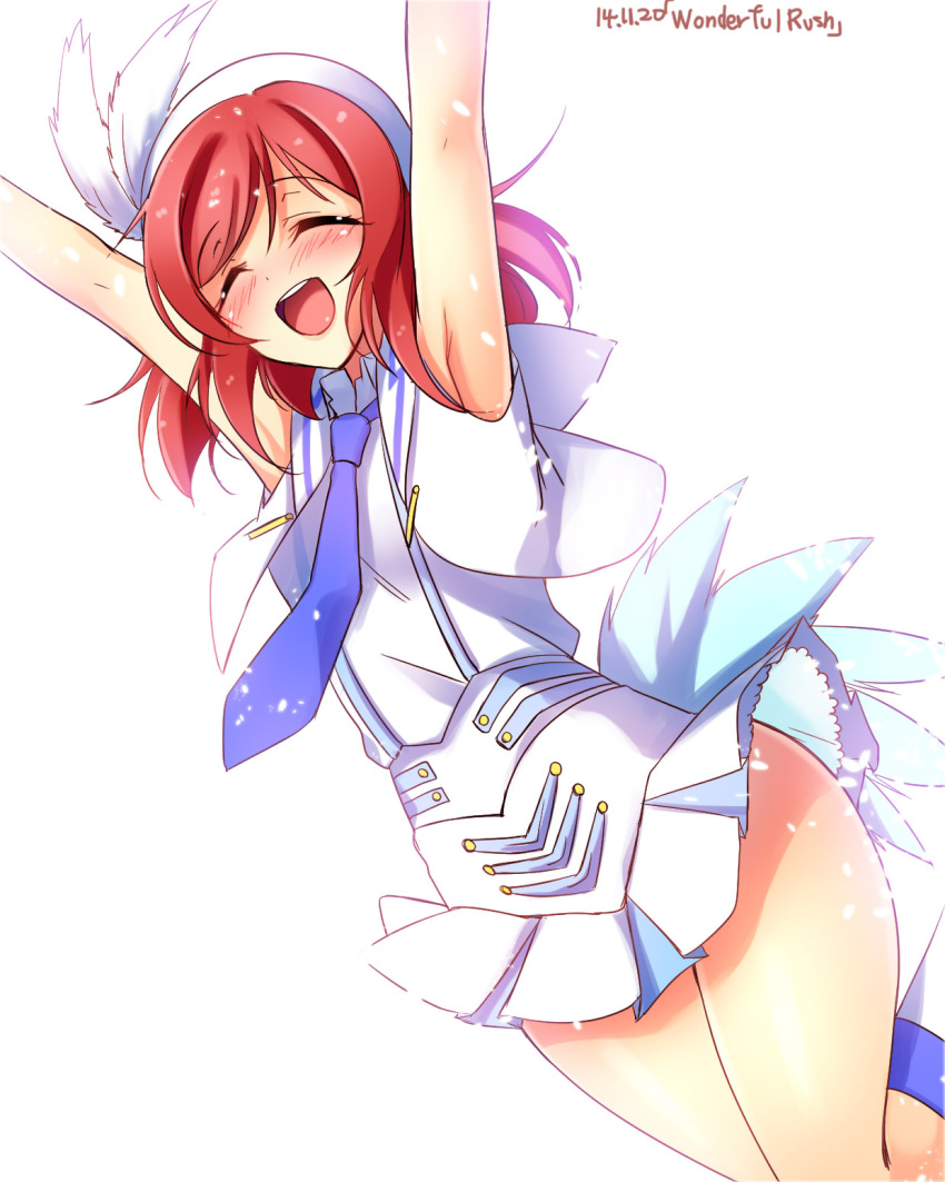 1girl armpits arms_up bare_shoulders closed_eyes cropped_jacket highres idol love_live!_school_idol_project miniskirt necktie nishikino_maki open_mouth pleated_skirt redhead short_hair skirt sleeveless sleeveless_shirt solo suspenders white_blouse white_clothes yu-ta