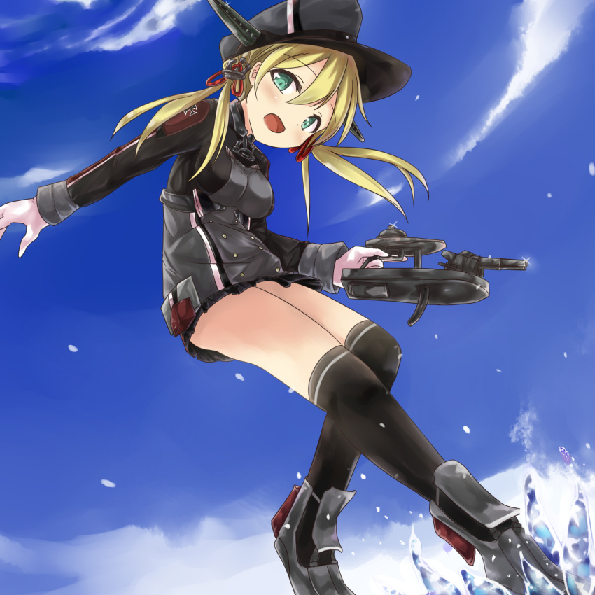 1girl anchor anchor_hair_ornament black_legwear black_skirt blonde_hair blue_sky boots gloves green_eyes hat highres iron_cross kantai_collection long_sleeves looking_at_viewer microskirt military military_hat military_uniform numahata_tofu. peaked_cap pleated_skirt prinz_eugen_(kantai_collection) skirt sky solo thigh-highs twintails uniform water white_gloves