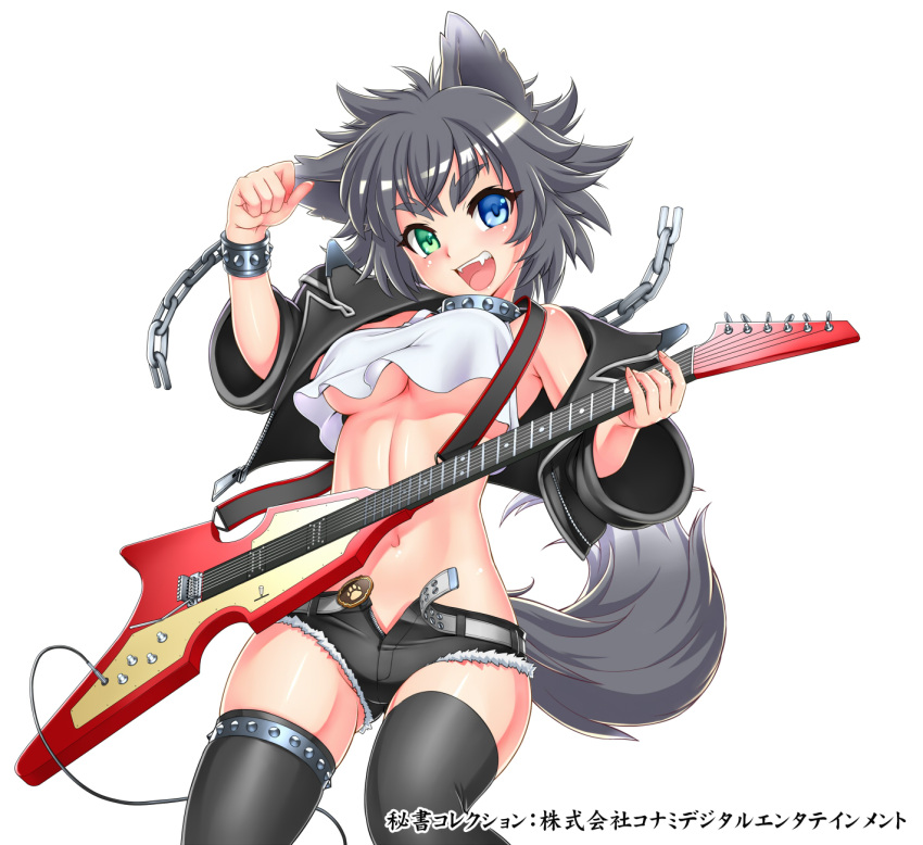 1girl animal_ears bare_shoulders belt black_hair black_legwear blue_eyes bracelet breasts chain collar crop_top electric_guitar eyebrows fang gochou_(kedama) green_eyes guitar heterochromia highres hisho_collection instrument jacket jewelry looking_at_viewer midriff navel official_art open_clothes open_jacket open_mouth shorts smile solo spiked_bracelet spiked_collar spikes tail thigh-highs thigh_strap unclasped under_boob unzipped wolf_ears