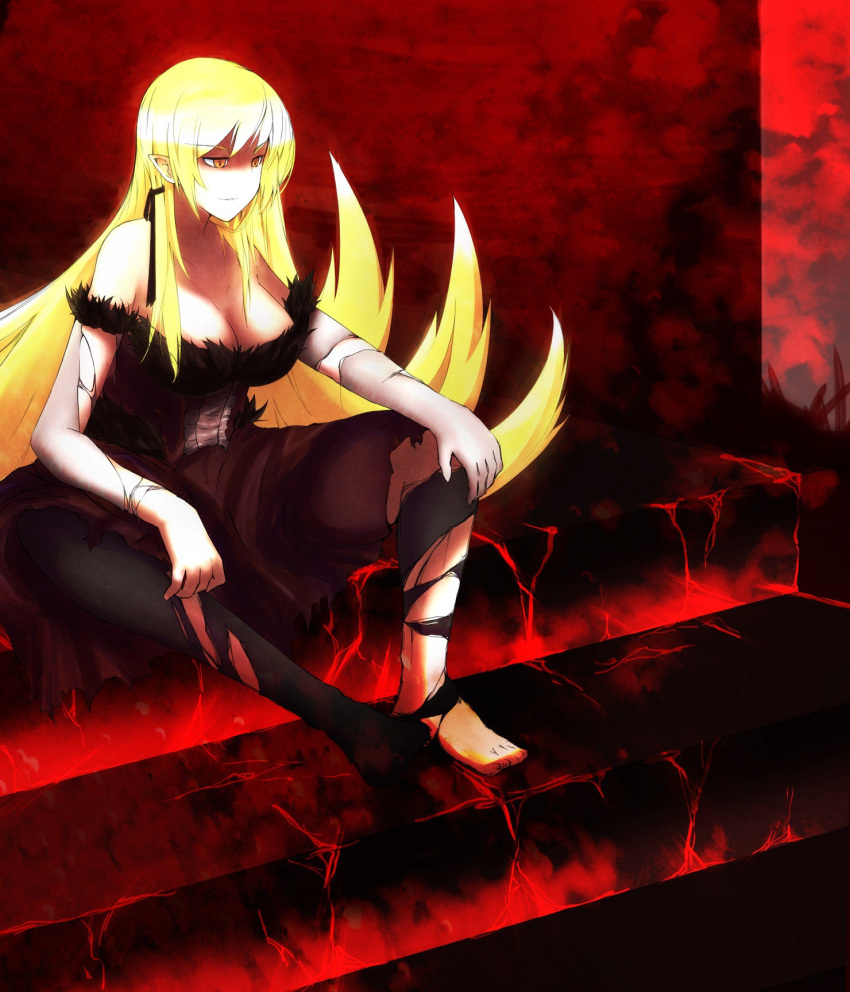 1girl bare_shoulders blonde_hair breasts cleavage dress elbow_gloves gloves highres kiss-shot_acerola-orion_heart-under-blade long_hair monogatari_(series) otsumami_(otsu-mugi) pantyhose pointy_ears solo torn_clothes torn_dress torn_pantyhose yellow_eyes