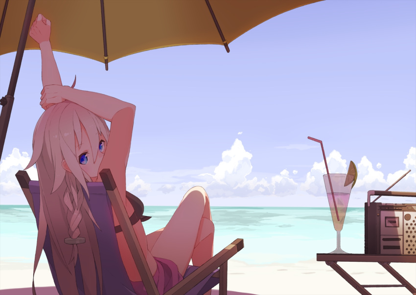 beach beach_umbrella clouds crossed_legs ia_(vocaloid) long_hair looking_at_viewer radio straw stretch swimsuit table tomioka_jirou vocaloid
