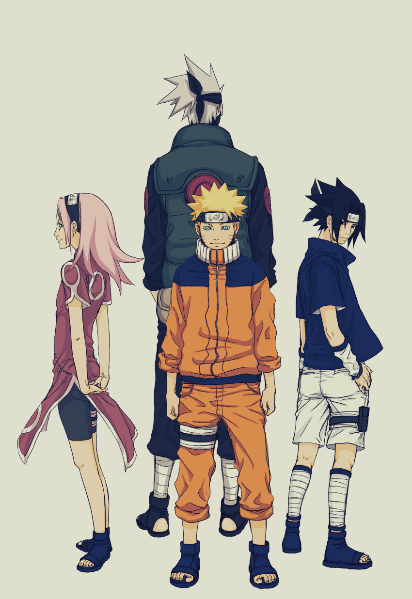 1girl 3boys absurdres black_eyes black_hair blonde_hair blue_eyes forehead_protector green_eyes haruno_sakura hatake_kakashi headband highres i-rihi multiple_boys naruto pink_hair short_hair silver_hair spiky_hair team7 uchiha_sasuke uzumaki_naruto