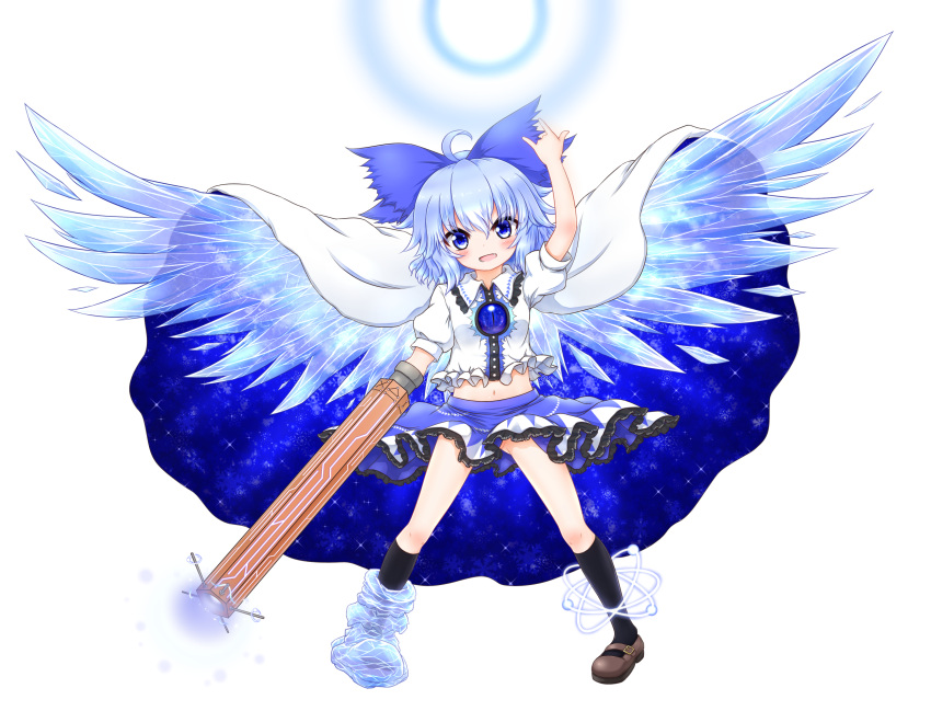 1girl :d \m/ adapted_costume arm_cannon blue_eyes blue_hair bow cape cirno fang hair_bow highres ice ice_wings mismatched_footwear mofu_mofu open_mouth parody pose reiuji_utsuho reiuji_utsuho_(cosplay) short_hair skirt smile third_eye touhou weapon wings