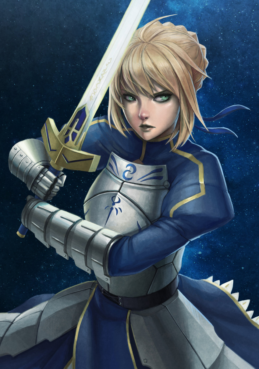 1girl ahoge armor blonde_hair blue cowboy_shot excalibur fate/stay_night fate_(series) faulds fighting_stance gauntlets green_eyes highres penator saber sky solo star_(sky) starry_sky sword weapon