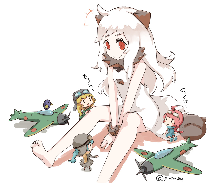 absurdres ahoge airplane between_legs bird dress fairy_(kantai_collection) flight_goggles hand_between_legs highres kantai_collection long_hair northern_ocean_hime pokasu red_eyes shinkaisei-kan sitting sleeveless sleeveless_dress smile white_hair