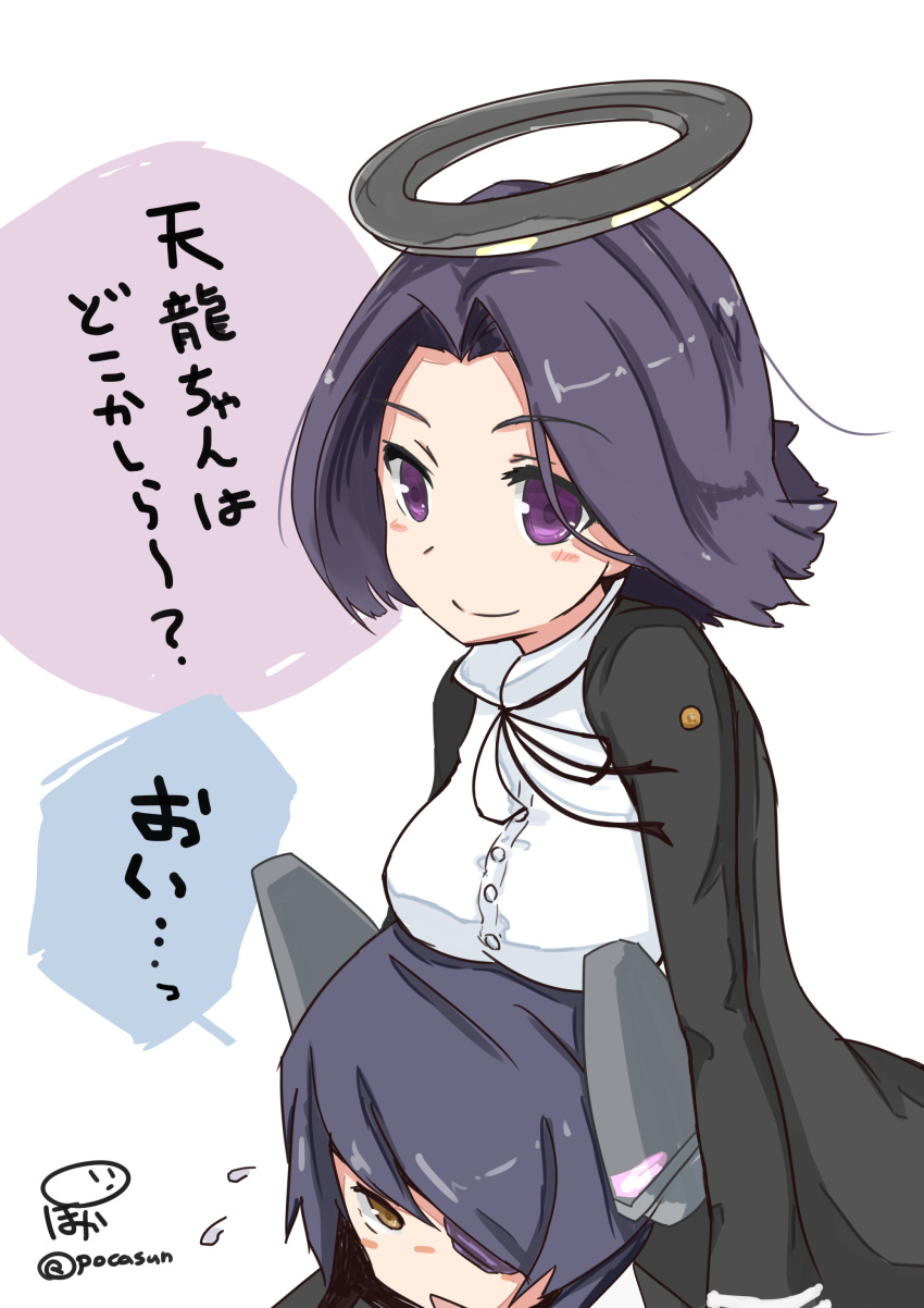 2girls absurdres blush breast_rest breasts breasts_on_head headgear highres kantai_collection mechanical_halo multiple_girls neck_ribbon pokasu purple_hair ribbon short_hair smile tatsuta_(kantai_collection) tenryuu_(kantai_collection) translation_request violet_eyes white_background yellow_eyes