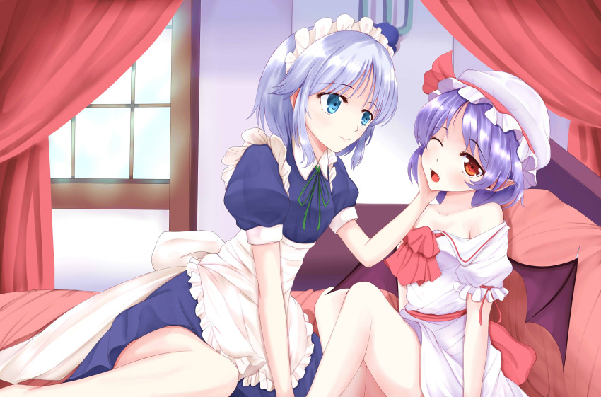 2girls bat_wings blue_eyes braid hand_on_another's_face hat highres izayoi_sakuya maid maid_headdress multiple_girls one_eye_closed open_mouth pointy_ears purple_hair red_eyes remilia_scarlet ribbon short_hair silver_hair smile touhou twin_braids wendell wings