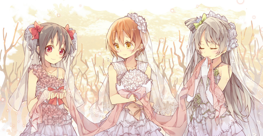 3girls bouquet bow brown_eyes brown_hair carrying closed_eyes double_bun dress flower frills grey_hair hair_bow hair_ribbon hoshizora_rin long_hair looking_at_viewer love_live!_school_idol_project minami_kotori multiple_girls red_eyes ribbon short_hair silver_hair smile wedding_dress yayin_(yayin233) yazawa_nico