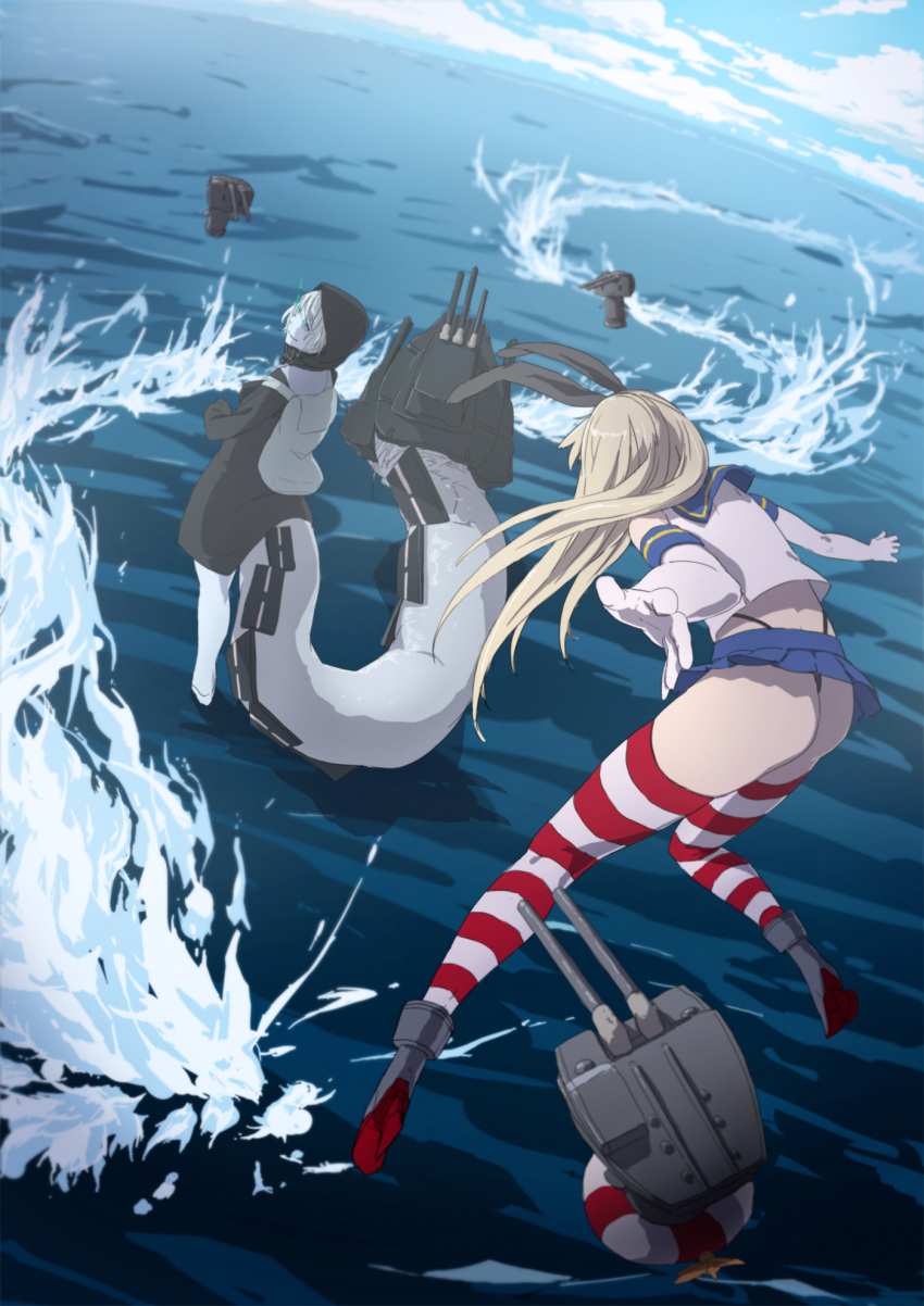 2girls ass black_panties blonde_hair blue_skirt blue_sky cannon clouds elbow_gloves facing_away from_behind full_body gloves glowing glowing_eyes grin hair_ribbon hairband highleg highleg_panties highres hoodie kantai_collection long_hair looking_at_another looking_back microskirt midriff multiple_girls ocean outdoors outstretched_arms pale_skin panties pleated_skirt re-class_battleship rensouhou-chan ribbon sailor_collar shimakaze_(kantai_collection) shinkaisei-kan silver_hair skirt sky smile splashing standing standing_on_water striped striped_legwear surrounded tail thigh-highs turret underwear waves white_gloves youmak