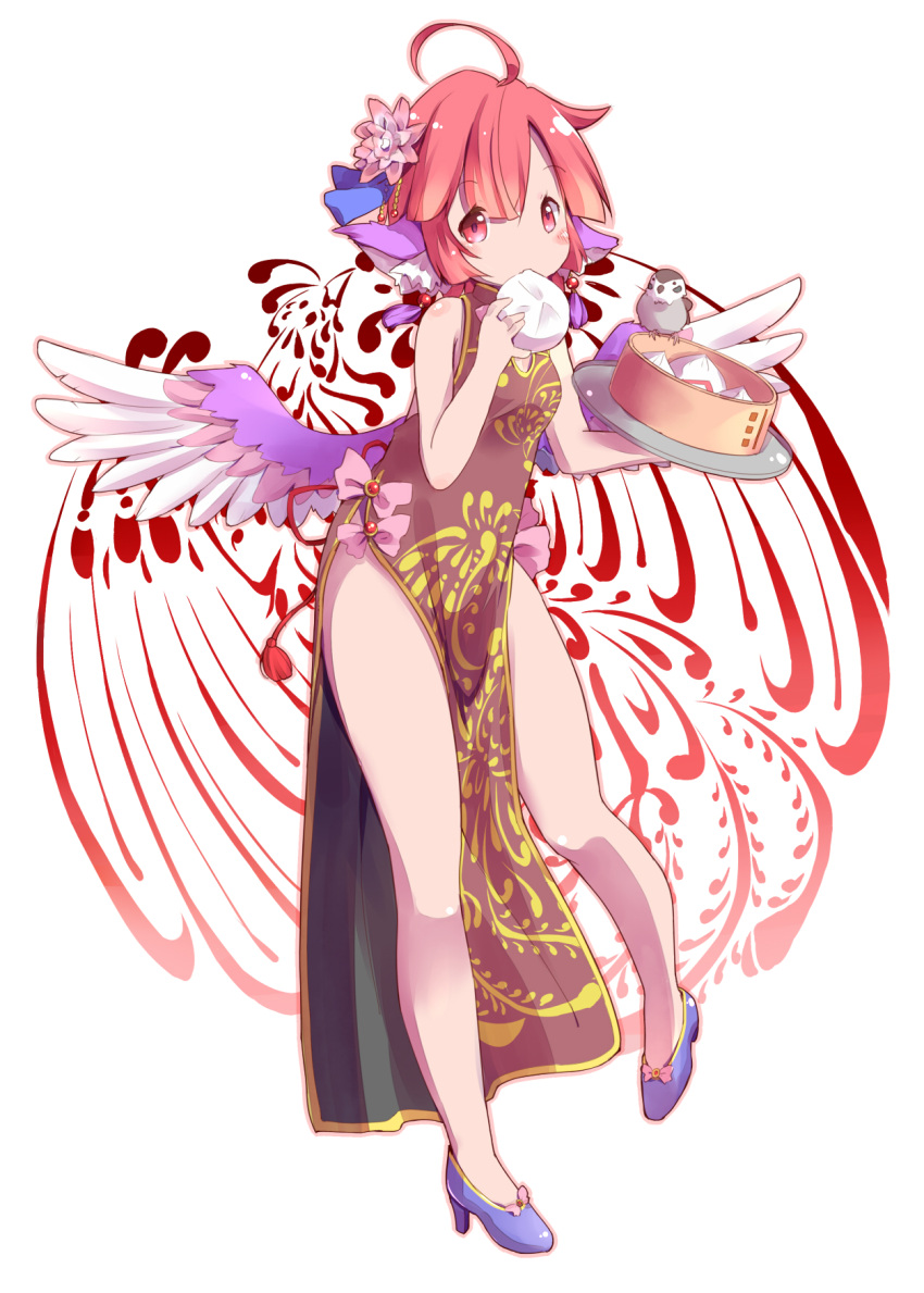 1girl ahoge alternate_costume animal_ears bare_arms bare_legs bare_shoulders bird bird_wings blush china_dress chinese_clothes dress eating flower food giwa hair_flower hair_ornament high_heels highres mystia_lorelei red_eyes redhead side_slit sleeveless sleeveless_dress solo sparrow touhou tray wide_sleeves