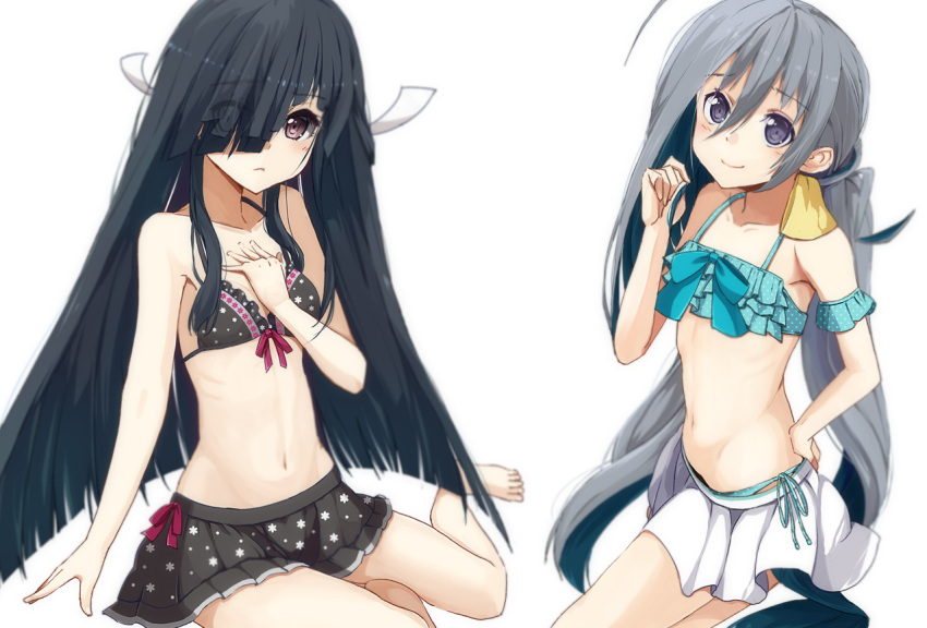 2girls bikini black_hair collarbone frilled_bikini frills grey_hair hair_over_one_eye hair_ribbon hayashimo_(kantai_collection) kantai_collection kiyoshimo_(kantai_collection) long_hair looking_at_viewer midriff multiple_girls navel polka_dot polka_dot_bikini polka_dot_swimsuit ponytail ribbon sitting smile swimsuit very_long_hair violet_eyes yuki_(nanao_yuki)