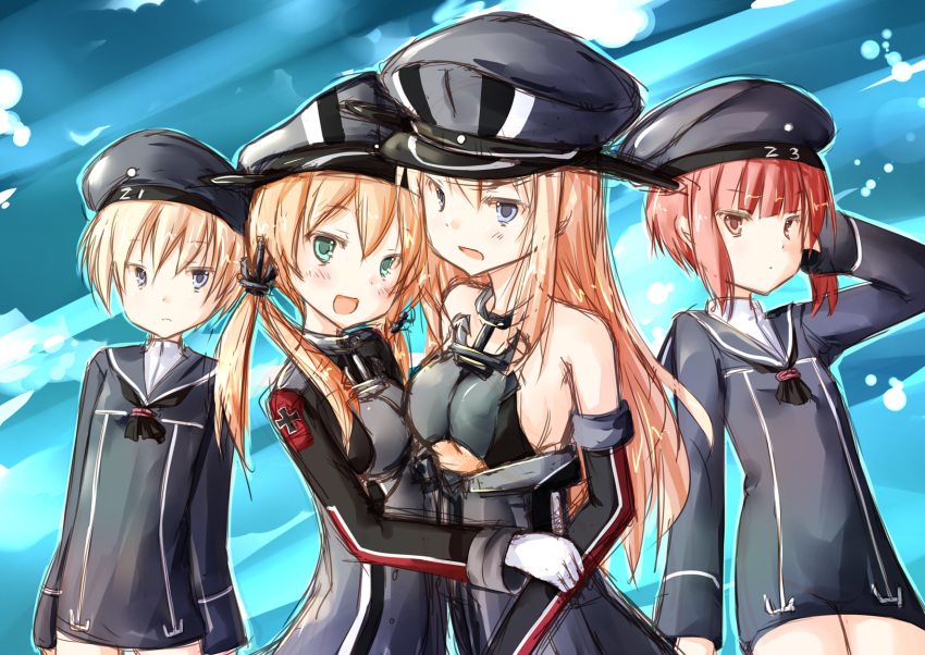 4girls :d adapted_costume anchor_hair_ornament aqua_eyes bare_shoulders bismarck_(kantai_collection) blonde_hair blue_eyes blush breasts clothes_writing detached_sleeves gloves hair_ornament hand_on_another's_arms hat highres iron_cross kantai_collection long_hair long_sleeves looking_at_viewer military military_uniform multiple_girls open_mouth outline payot peaked_cap pink_eyes prinz_eugen_(kantai_collection) redhead rits_(single_type) sailor_collar sailor_hat short_hair sketch smile twintails under_boob uniform white_gloves z1_leberecht_maass_(kantai_collection) z3_max_schultz_(kantai_collection)