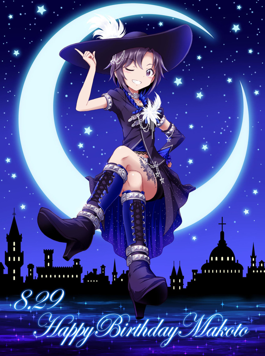 1girl boots choker hand_on_hip hat hat_feather high_heel_boots high_heels highres idolmaster jewelry kikuchi_makoto moon necklace one_eye_closed outsider_0 single_elbow_glove sitting smile