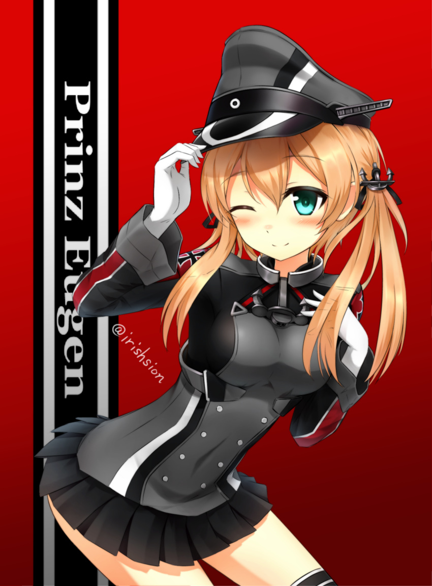 1girl anchor_hair_ornament aqua_eyes black_legwear black_skirt blonde_hair blush breasts character_name contrapposto cowboy_shot female gloves gradient gradient_background hand_on_own_chest hat hat_tip highres iron_cross kantai_collection looking_at_viewer microskirt military military_uniform one_eye_closed peaked_cap pleated_skirt prinz_eugen_(kantai_collection) red_background skirt smile solo tail_ein thigh-highs twitter_username uniform white_gloves