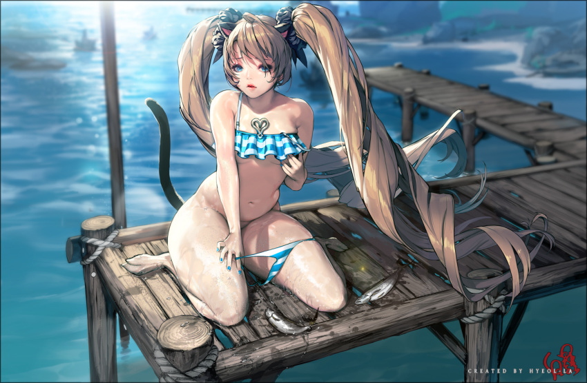 1girl animal_ears bare_shoulders bikini blade_&amp;_soul blue_eyes brown_hair cat_ears cat_feet cat_tail fish long_hair looking_at_viewer navel nightmadness original solo striped striped_swimsuit swimsuit tail twintails undressing water