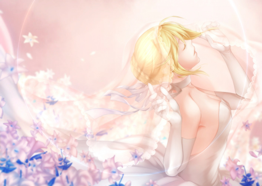 1girl ahoge arkray bare_shoulders blonde_hair bridal_veil choker closed_eyes dress elbow_gloves fate/stay_night fate_(series) flower from_side gloves revision saber solo veil wedding_dress
