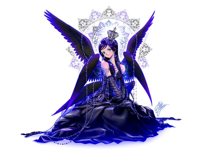&gt;:) 1girl aqua_eyes bare_shoulders black_dress black_hair black_wings blue_eyes blue_hair circle crown dress elbow_gloves feathered_wings fishnet_gloves gloves hair_ornament head_tilt long_hair looking_at_viewer marco_albiero multiple_wings original pearl signature sitting solo v_arms white_background wings