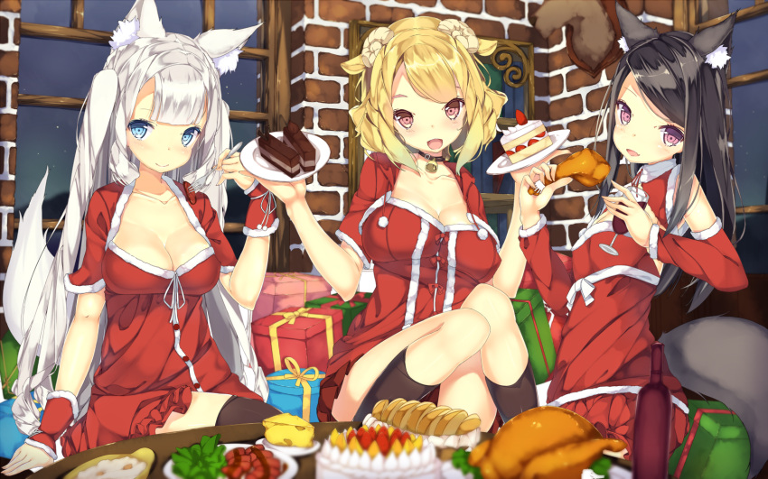 3girls animal_ears bell bell_collar blush breasts cake christmas cleavage collar detached_sleeves food highres horns looking_at_viewer multiple_girls original shirohina smile tail