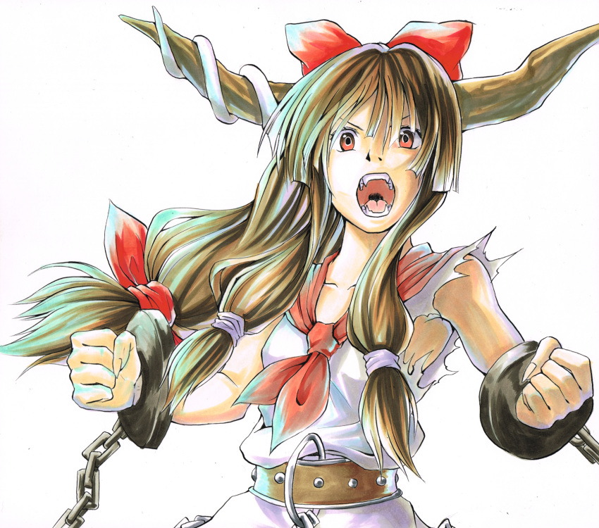 1girl belt blonde_hair bow bust chain clenched_hands collarbone cuffs fangs frown hair_bow highres horns ibuki_suika koji_(koji-a) long_hair looking_at_viewer manacles neckerchief open_mouth orange_eyes shirt shouting simple_background sleeveless sleeveless_shirt solo teeth tongue touhou tri_tails white_background white_shirt
