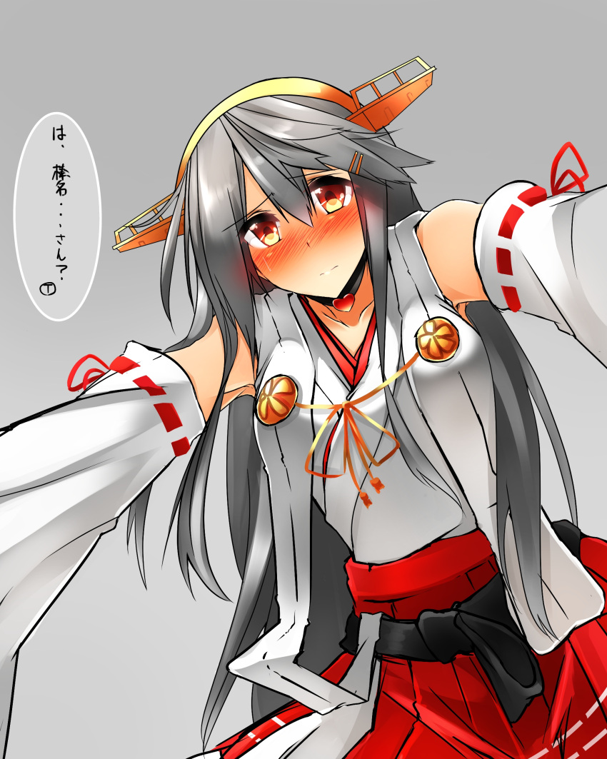 1girl absurdres blush choker commentary_request detached_sleeves from_below grey_eyes hair_ornament hairband hairclip haruna_(kantai_collection) highres kantai_collection long_hair looking_at_viewer nontraditional_miko orange_eyes simple_background sketch solo translation_request tsukui_kachou
