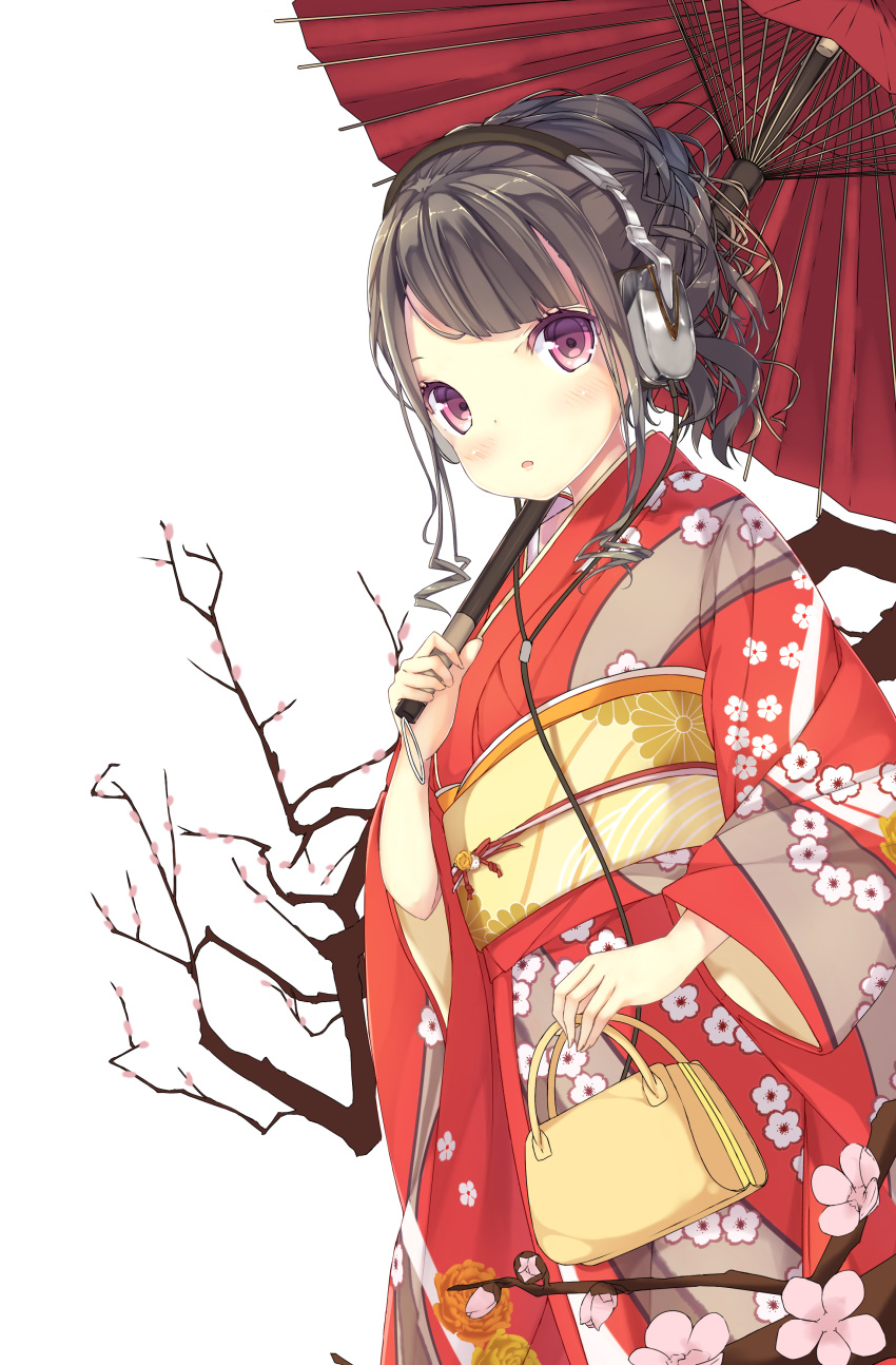 1girl absurdres black_hair blush headphones highres japanese_clothes kimono looking_at_viewer original shirohina solo violet_eyes