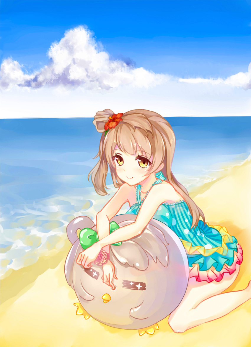 ball beach blush brown_eyes brown_hair long_hair love_live!_school_idol_project minami_kotori sky summer swimsuit