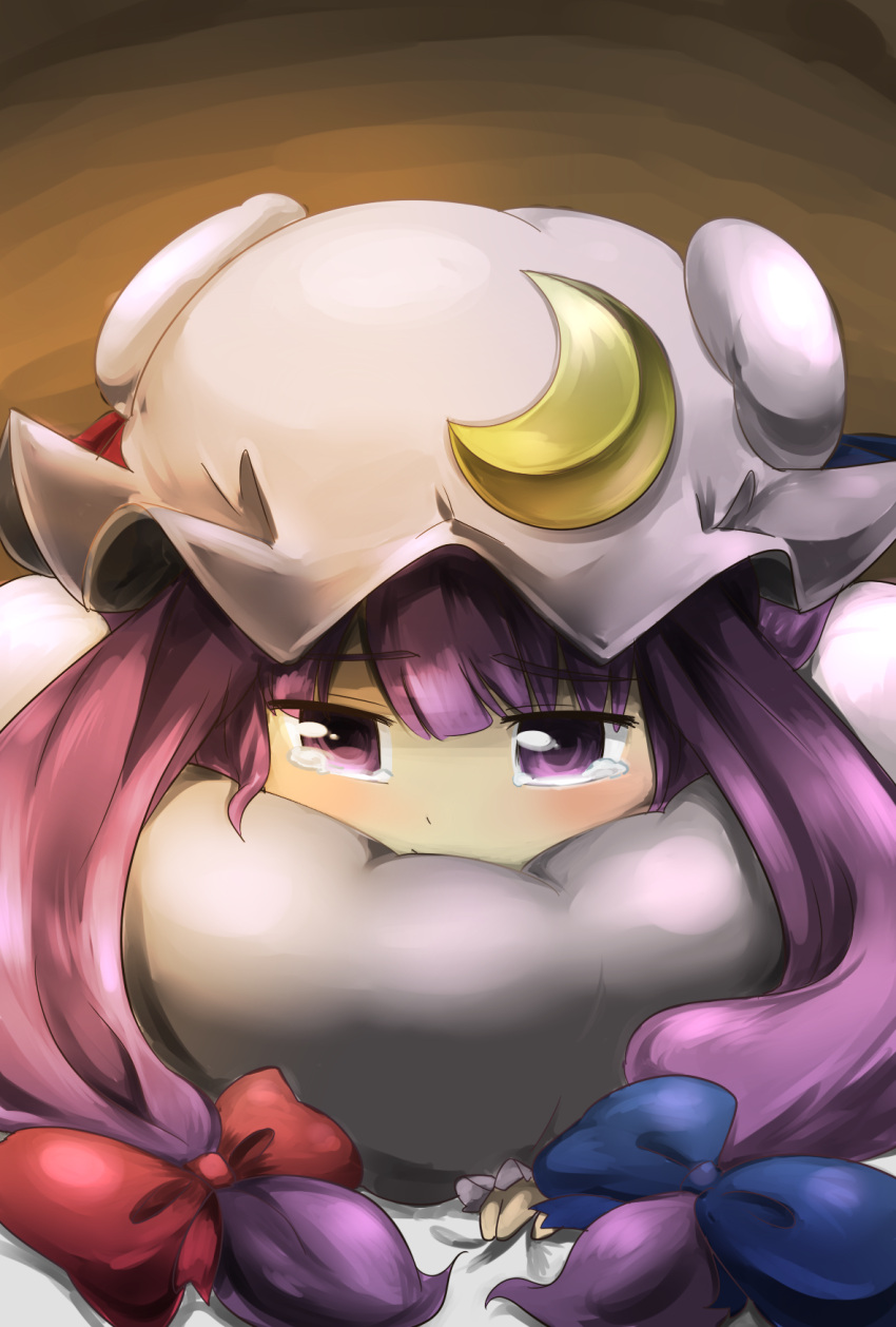 1girl bed_sheet commentary_request crying crying_with_eyes_open double_bun highres long_hair looking_away lying mob_cap on_stomach patchouli_knowledge pmx purple_clothes purple_hair solo tears touhou violet_eyes