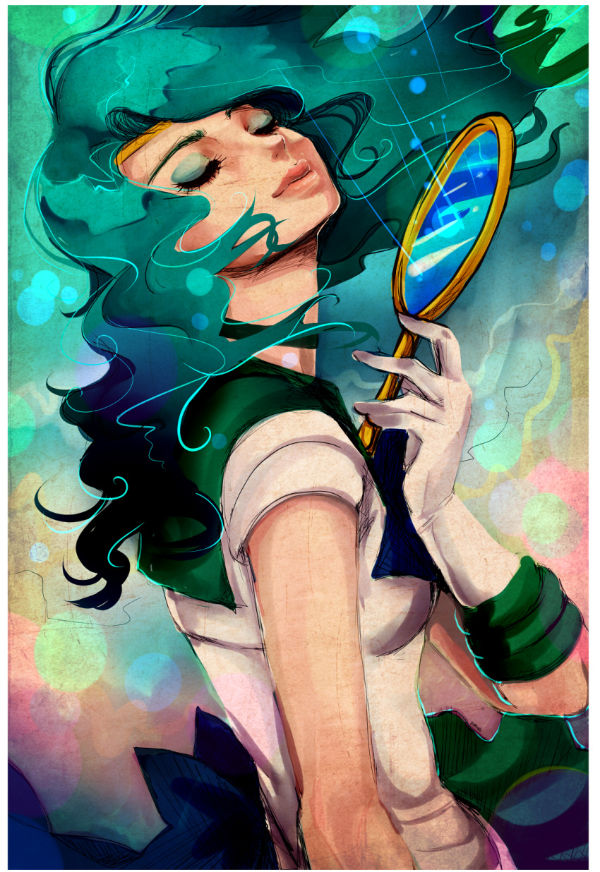 1girl aqua_hair bishoujo_senshi_sailor_moon closed_eyes deep_aqua_mirror eyelashes eyeshadow floating_hair gloves highres holding kaiou_michiru lips makeup mirror nekochuni sailor_neptune short_sleeves solo white_gloves