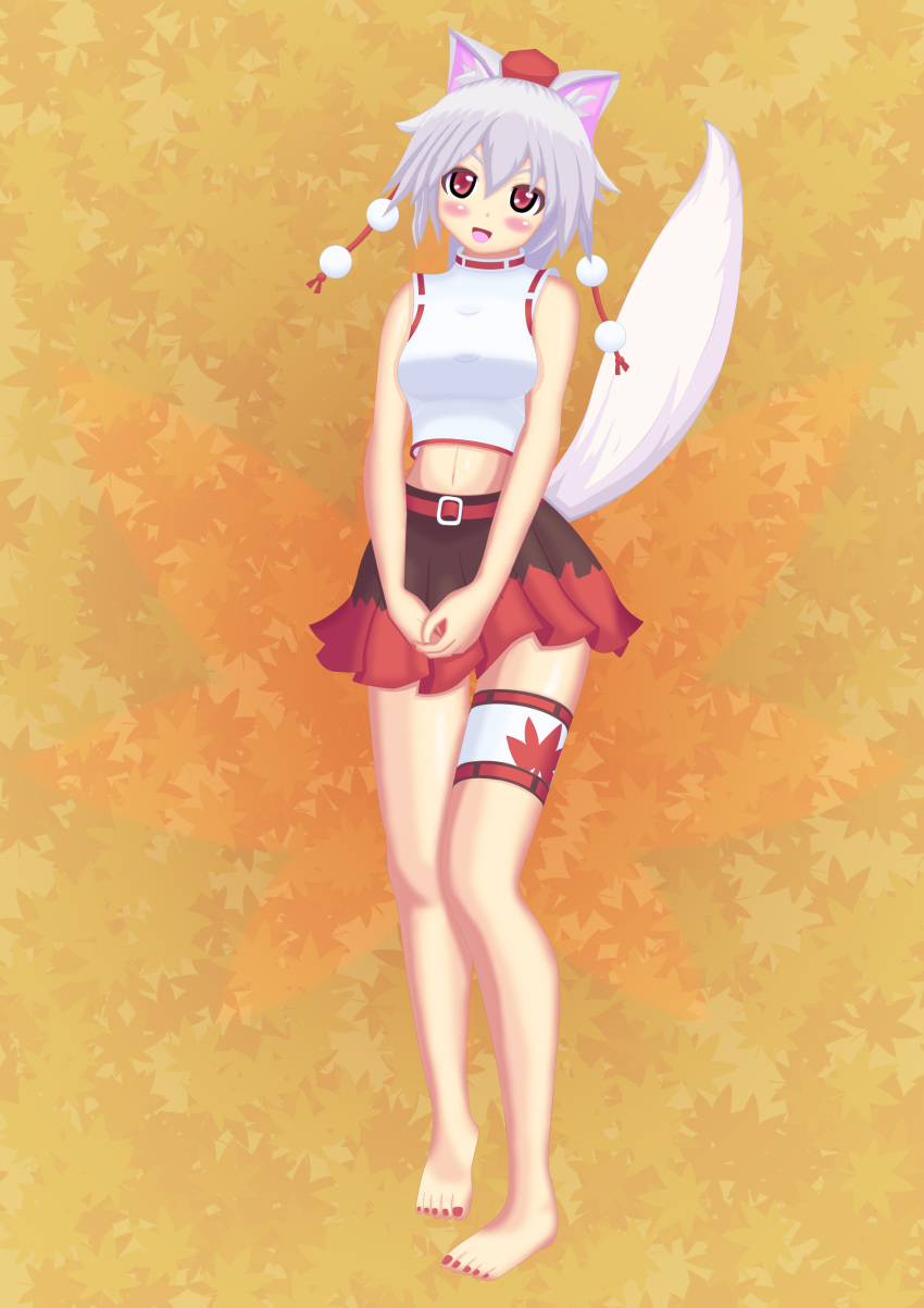 1girl absurdres animal_ears bare_shoulders barefoot blush_stickers breasts empty_eyes full_body hat highres inubashiri_momiji leaf leaf_background looking_at_viewer midriff nail_polish navel open_mouth pom_pom_(clothes) red_eyes short_hair solo tail tail_raised tokin_hat touhou wolf_ears wolf_tail