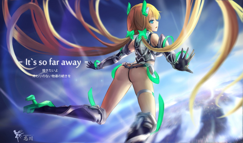 1girl angela_balzac bare_shoulders blonde_hair bodysuit elbow_gloves expelled_from_paradise gloves green_eyes highres long_hair low_twintails solo thigh_strap twintails wangchuan_de_quanyan