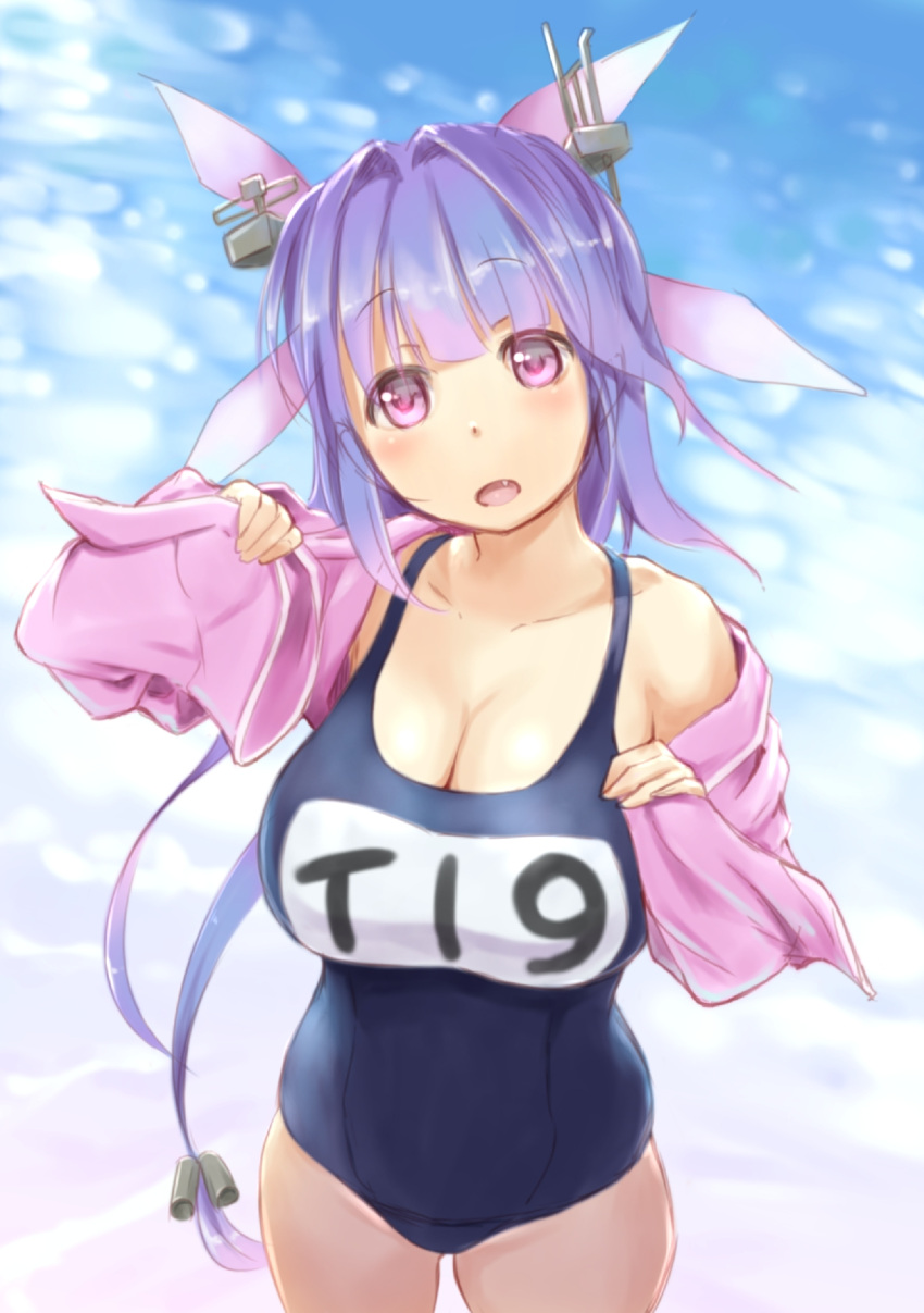 1girl blue_hair breasts cleavage fang hair_ribbon highres i-19_(kantai_collection) kantai_collection large_breasts long_hair one-piece_swimsuit open_mouth pink_eyes ribbon school_swimsuit solo swimsuit twintails wa_(genryusui)