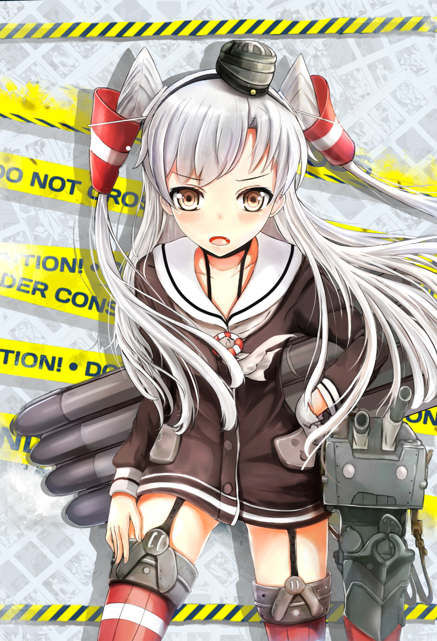 1girl absurdres amatsukaze_(kantai_collection) brown_eyes caution_tape collarbone cowboy_shot garter_straps hair_tubes hand_on_hip hazard_stripes highres kantai_collection lifebuoy long_hair long_sleeves looking_at_viewer open_mouth rensouhou-kun school_uniform serafuku silver_hair solo striped striped_legwear thigh-highs two_side_up wuming_(xianghui0106)