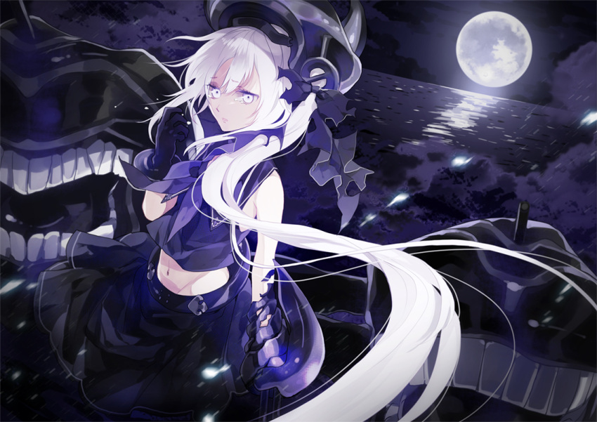 1girl bare_shoulders destroyer_hime full_moon gloves hair_ornament hair_ribbon hat kantai_collection long_hair moon navel ribbon school_uniform serafuku shinkaisei-kan side_ponytail skirt solo tears white_hair