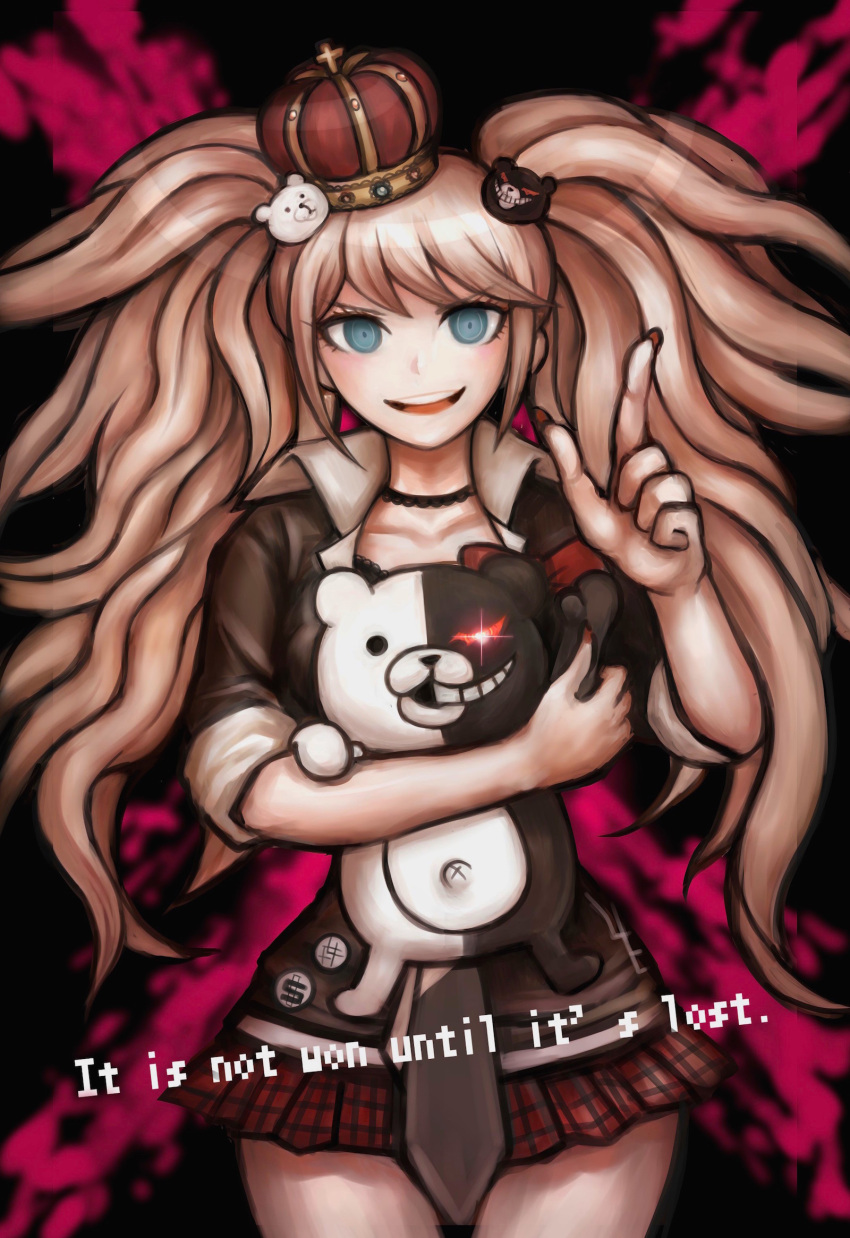 1girl blue_eyes bow checkered checkered_skirt crown dangan_ronpa dangan_ronpa_1 enoshima_junko hair_ornament highres long_hair monokuma nail_polish necktie official_style pink_hair pointing skirt sleeves_rolled_up smile solo spoilers twintails