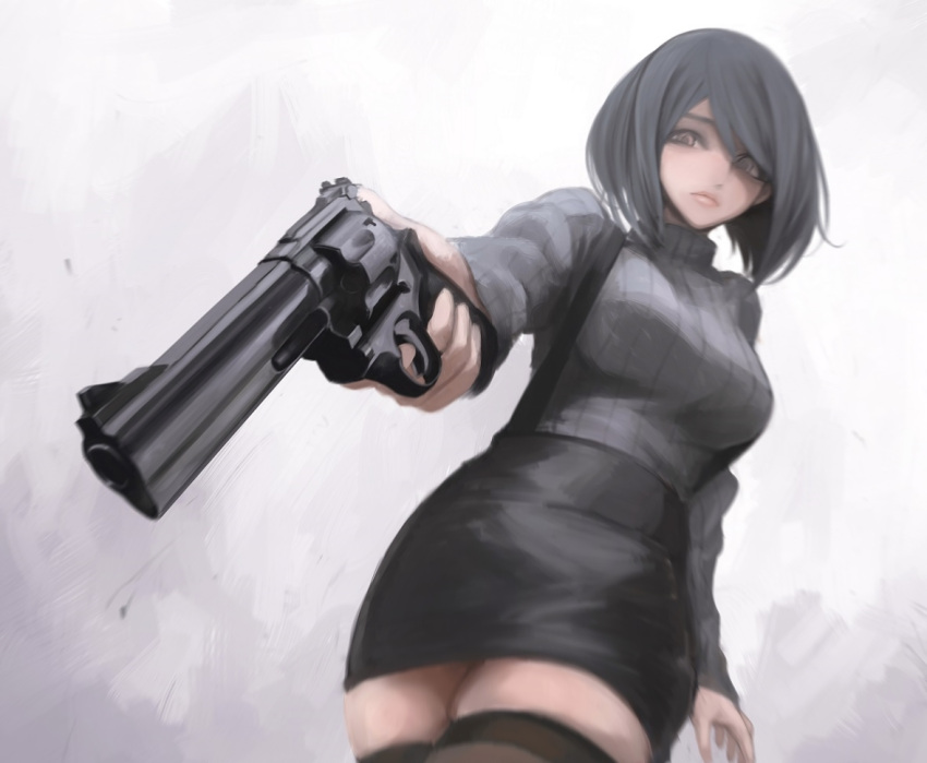 1girl black_hair black_legwear brown_eyes from_behind gun lips original pencil_skirt revolver ribbed_sweater short_hair skirt smith_&amp;_wesson solo suspenders sweater terabyte_(rook777) thigh-highs weapon