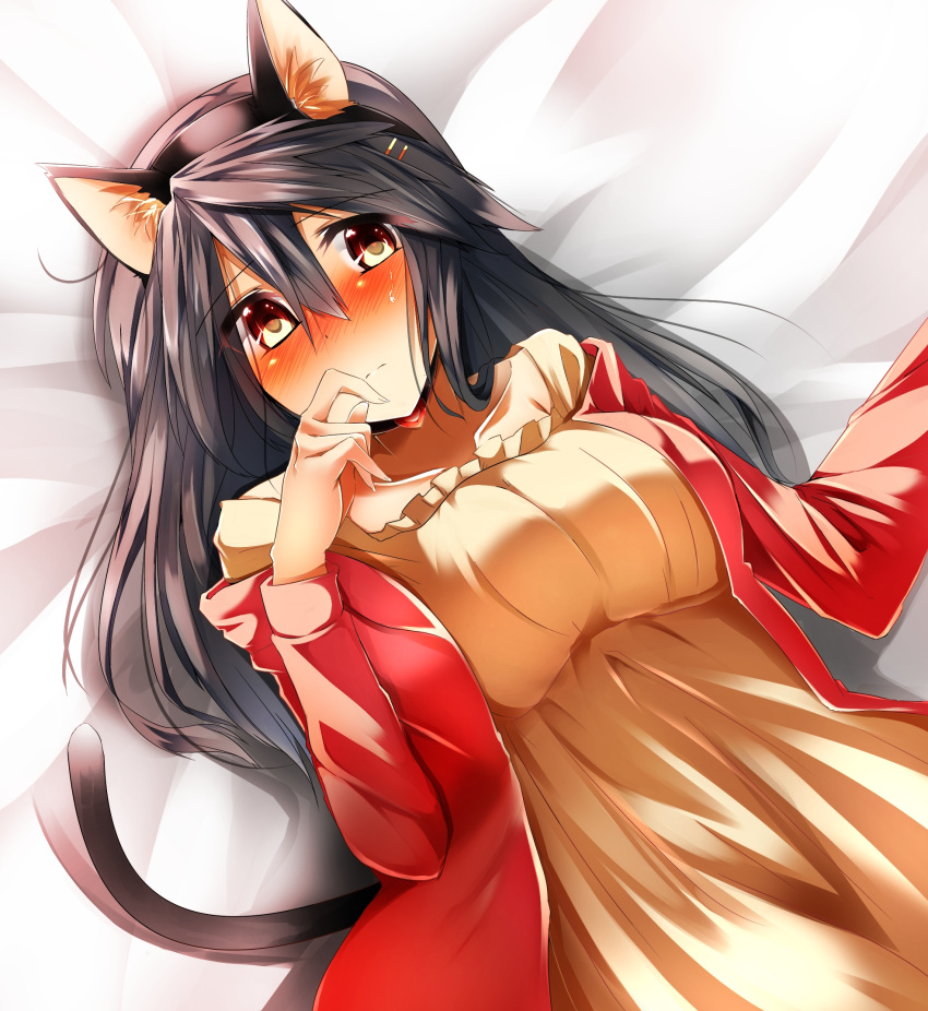 1girl alternate_costume animal_ears bed_sheet blush brown_eyes casual cat_ears cat_tail choker commentary_request dress fake_animal_ears grey_hair hair_ornament hairclip haruna_(kantai_collection) highres kantai_collection kemonomimi_mode long_hair looking_at_viewer lying solo sweat tail tsukui_kachou